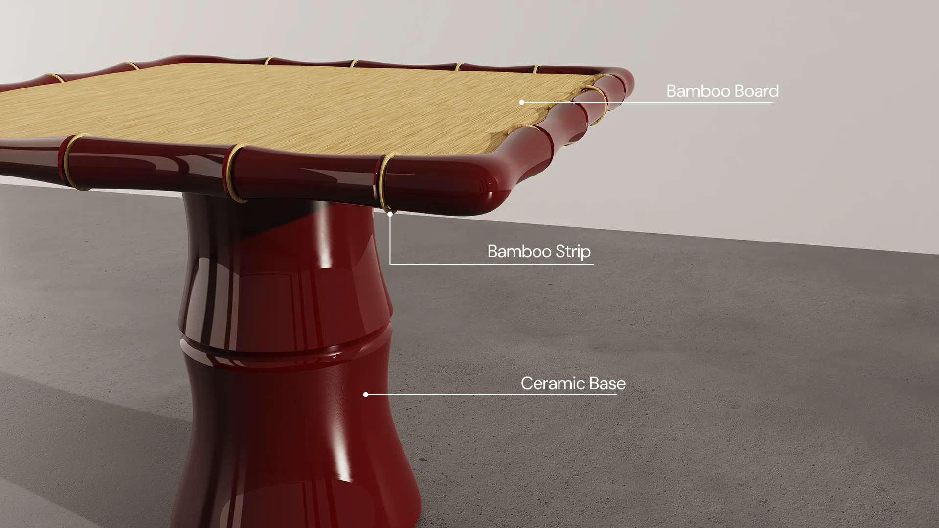 Table render — bamboo board surface, bamboo strip frame, ceramic base