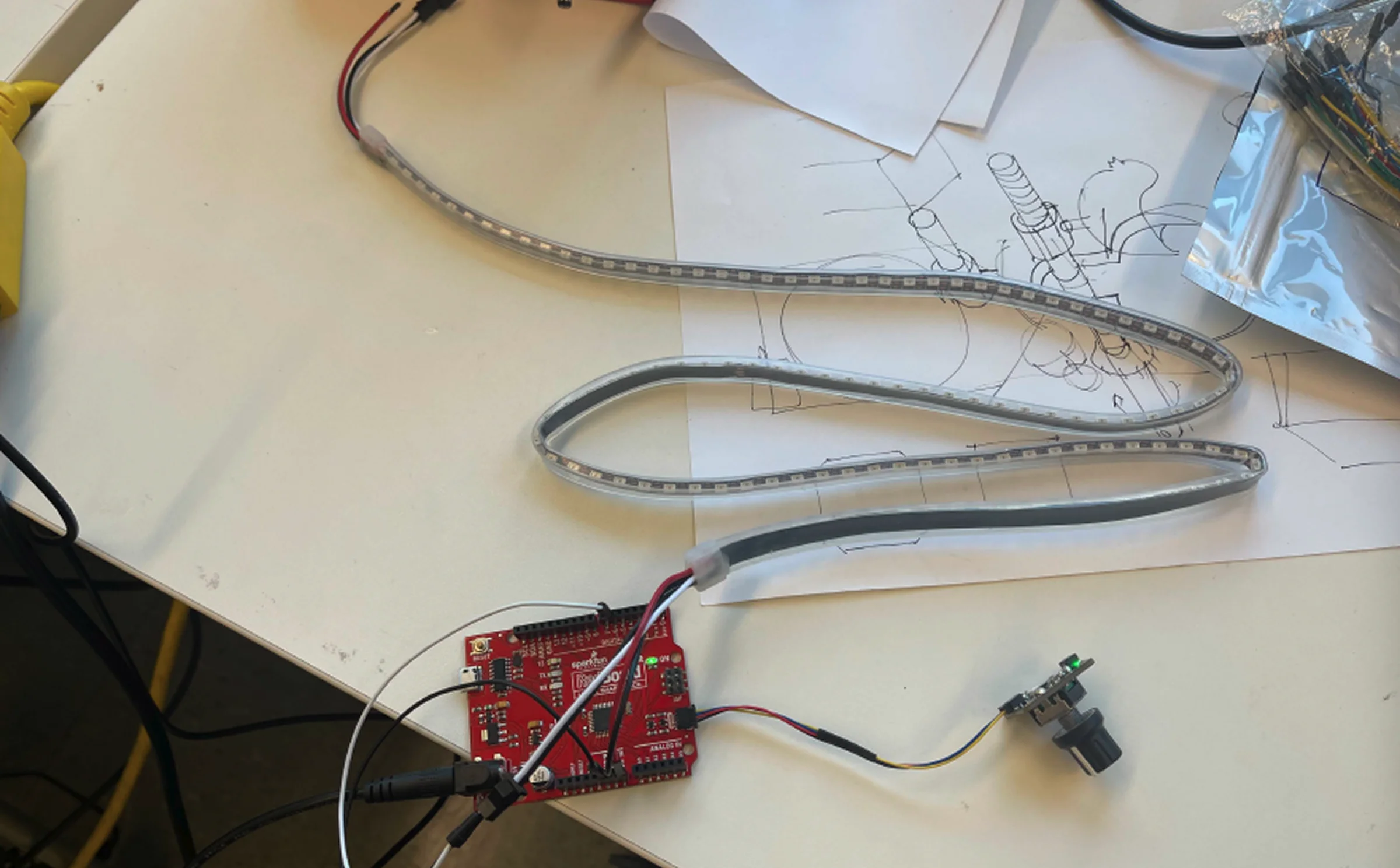 Electronics bench setup — Arduino, LED strip, and rotary encoder