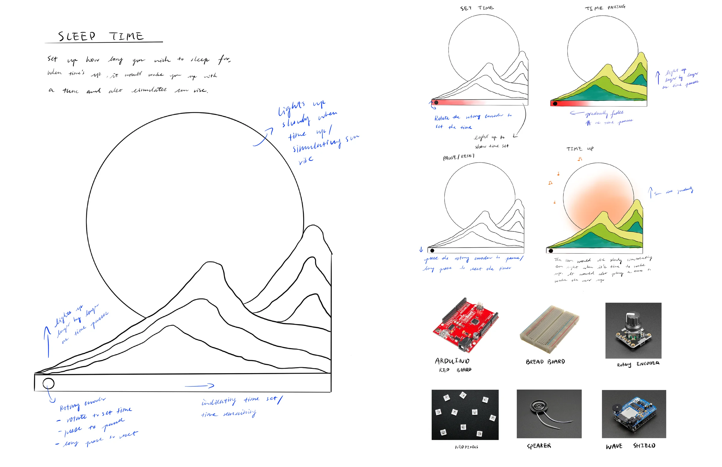 Sleep timer concept sketch — horizon / mountain metaphor