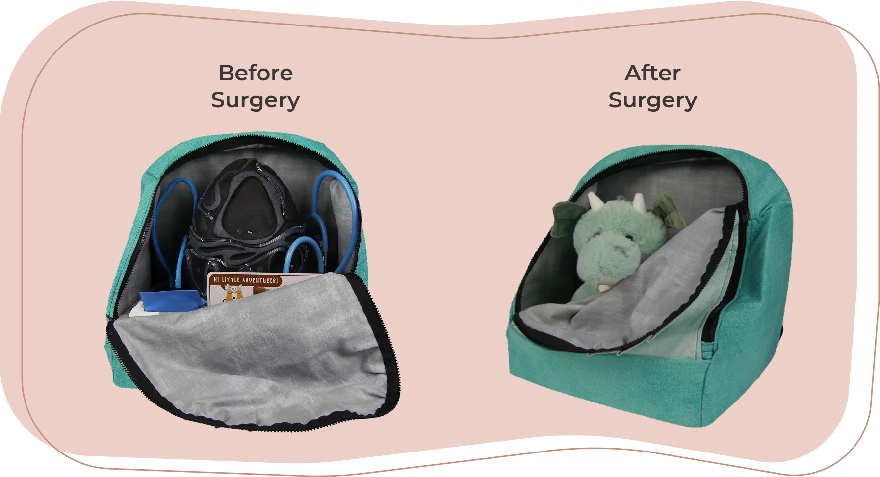 Bag before surgery packed with egg and equipment, and after surgery holding the hatched stuffed dragon