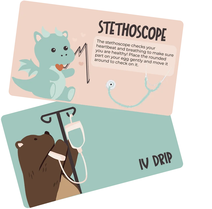 Early card designs showing Stethoscope and IV Drip cards