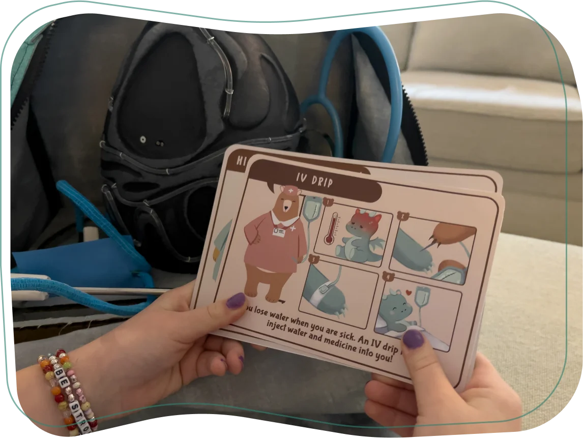 Once home, the child opens the kit to find an egg, medical equipment, and instructional cards.