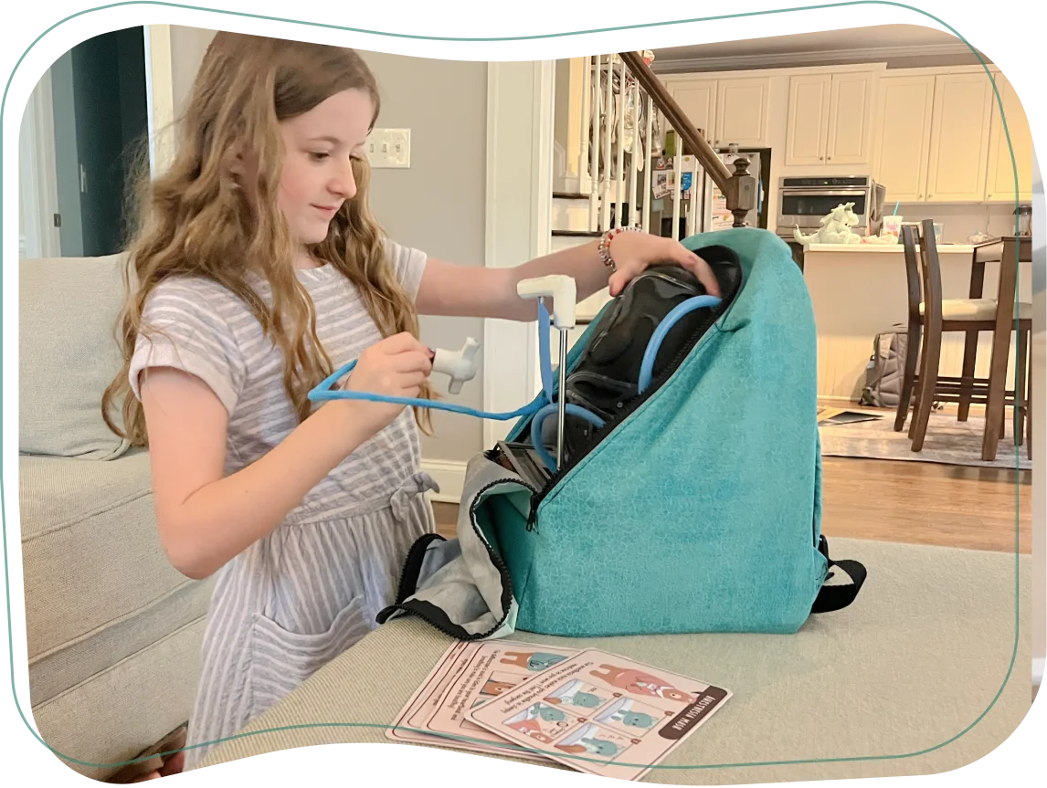 The child uses the medical equipment in the kit to doctor the egg. The child becomes familiar with the medical equipment they may encounter during their own procedure/surgery.