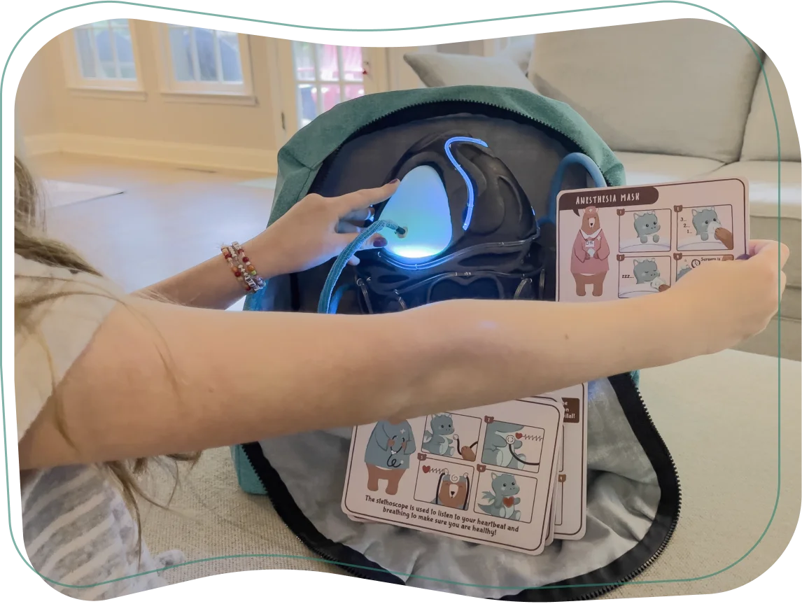 The child can use the cards to see how to interact with the egg and learn more about the equipment.