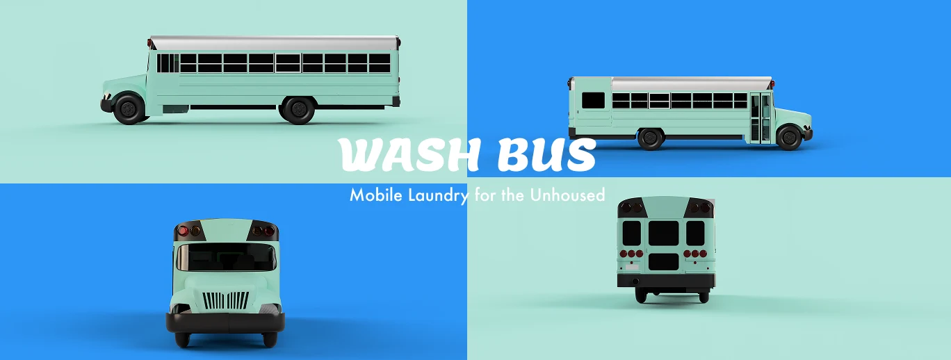 Wash Bus promotional material — four bus views